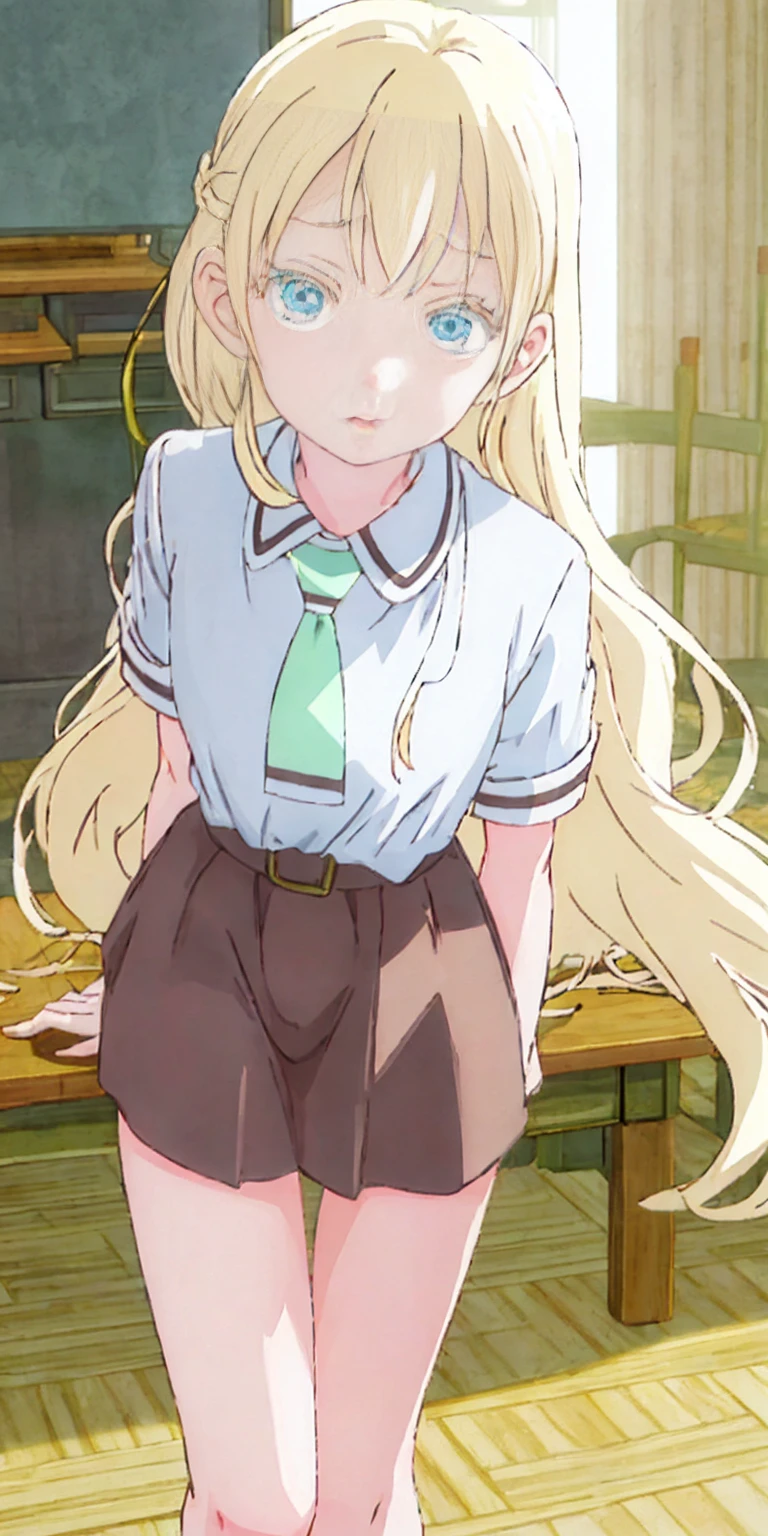 best quality, masterpiece, highres, solo, {olivia_asobiasobase:1.15}, blonde_hair, long_hair, blue_eyes, necktie, indoors