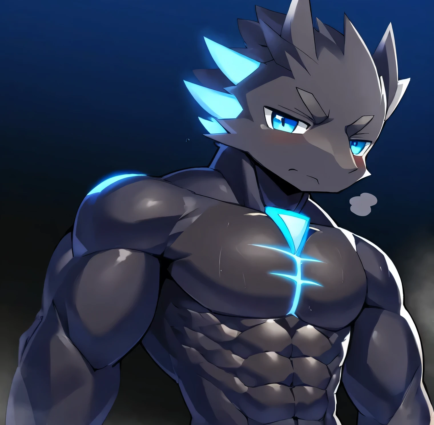 Thin macho　western black dragon　　abs　　　　　Hollow abs　　body suit　　thick arms　　　chest rig　　　、sweaty　　　skin glow　　profile　　Wearily　short of breath　　  　Chemo shota　　
have a 　blue eyes　Tired look 　ラバースーツ