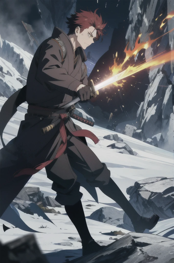 Kaelen Blackthorn stands tall and imposing, his dark red hair combed back neatly, revealing a stern and weathered face marked by the trials of countless battles. His piercing amber eyes, always vigilant, reflect a lifetime of hardship and unwavering determination. A large black coat, reminiscent of a gunslinger’s duster, drapes over his broad shoulders, flowing down to his ankles, adding a mysterious aura to his presence.
Strapped to his side is a sleek Katana, its hilt adorned with intricate carvings of ancient dragons, a symbol of his samurai heritage. Alongside the Katana, a smaller, more utilitarian sword rests, ready for swift, close-quarters combat. His coat subtly conceals the arsenal, yet allows quick access to his weapons, exemplifying the practicality of a seasoned warrior.
Kaelen’s attire combines the ruggedness of a cowboy with the elegance of a samurai. Underneath the coat, he wears a fitted leather vest over a traditional kimono-style shirt, merging functionality with a touch of his ancestral roots. His pants are durable and tailored, tucked into well-worn, high leather boots, ideal for traversing both urban landscapes and rugged terrains.
Adding to his unique appearance, Kaelen’s hands are clad in fingerless gloves, showcasing the calloused and scarred knuckles of a fighter who has seen many close encounters. A distinctive scar runs diagonally across his right cheek, a memento of a duel that almost claimed his life, serving as a constant reminder of the thin line between life and death in his line of work.
With an air of silent confidence and a demeanor that speaks volumes without uttering a word, Kaelen Blackthorn embodies the perfect fusion of cowboy grit and samurai honor, making him a formidable and unique mercenary in any realm.