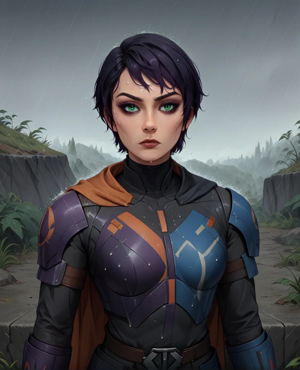 score_9,score_8_up,score_7_up,score_6_up, Trilla,green eyes,black hair, upper body, wet, armor,gloves,black bodysuit,black cape,belt,rain, science fiction,sith base, star wars, outdoors, rain, solo,fflixbag wearing armor sabine wren
