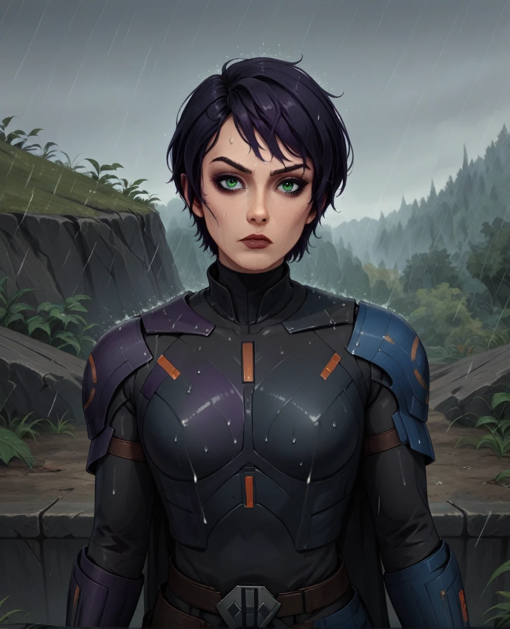 score_9,score_8_up,score_7_up,score_6_up, Trilla,green eyes,black hair, upper body, wet, armor,gloves,black bodysuit,black cape,belt,rain, science fiction,sith base, star wars, outdoors, rain, solo,fflixbag wearing armor sabine wren