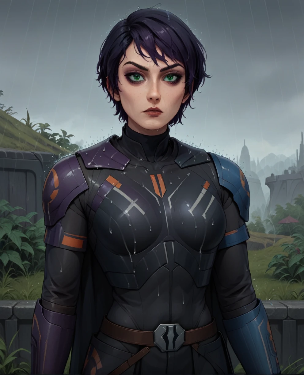 score_9,score_8_up,score_7_up,score_6_up, Trilla,green eyes,black hair, upper body, wet, armor,gloves,black bodysuit,black cape,belt,rain, science fiction,sith base, star wars, outdoors, rain, solo,fflixbag wearing armor sabine wren