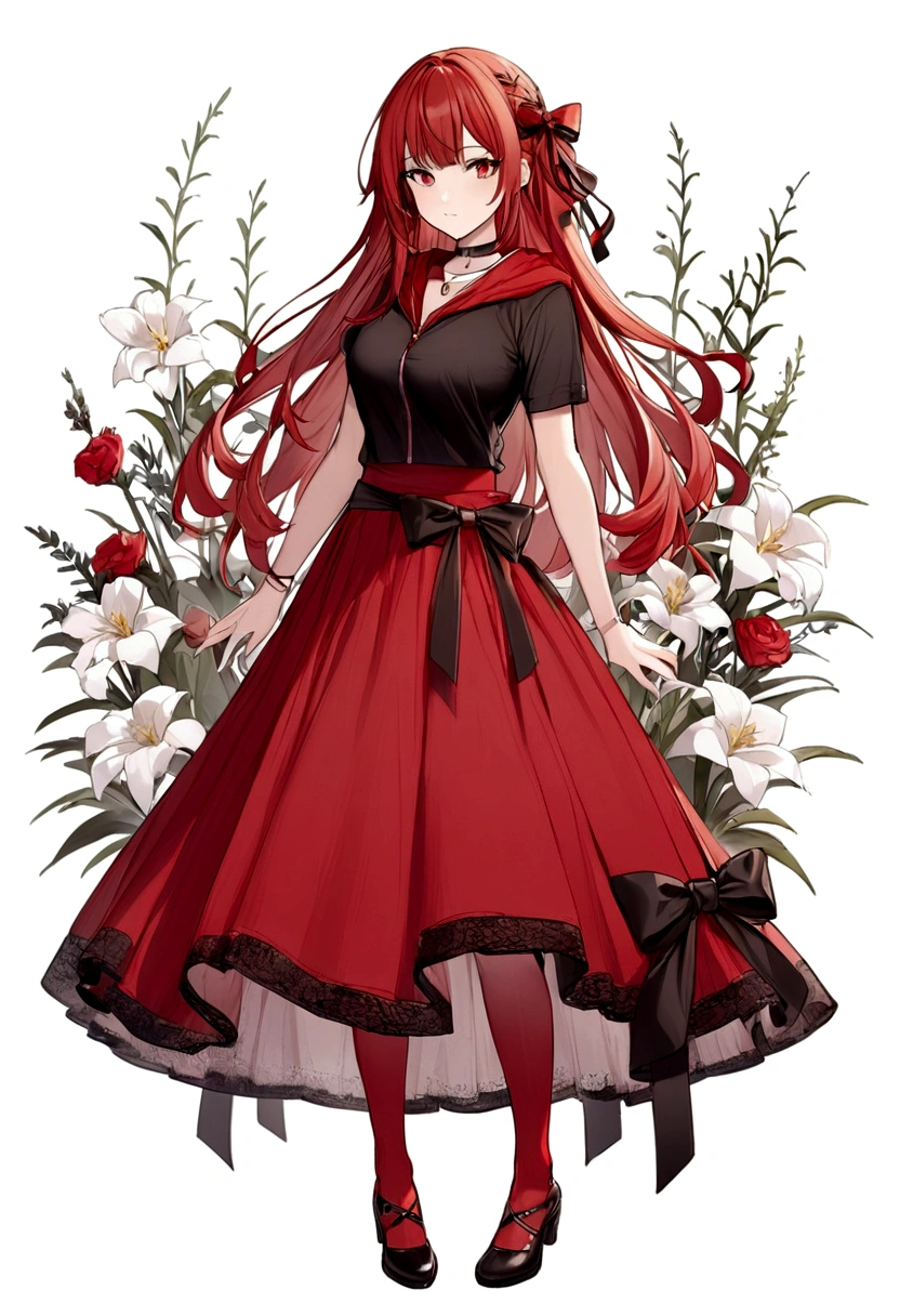 a girl with a red skirt red stockings . red zip up hoodie, black shirt underneath with short sleeves and ,red hair, long hair and a flower with a ribbon on the bottom on the side on the hair and red eyes has a black Choker , and a small heart red necklace ,  has a ribbon bow waistband , full body 