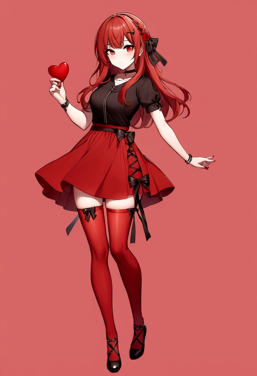 a girl with a red skirt red stockings . red zip up hoodie, black shirt underneath with short sleeves and ,red hair, long hair and a flower with a ribbon on the bottom on the side on the hair and red eyes has a black Choker , and a small heart red necklace ,  has a ribbon bow waistband , full body 