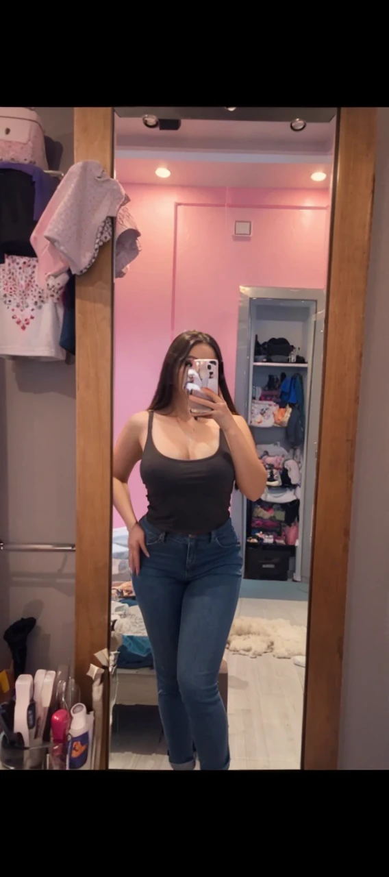 Girl wearing shorts and tank top taking mirror selfie, HD, 8K, Curvy, Hourglass Figure, flawless skin,