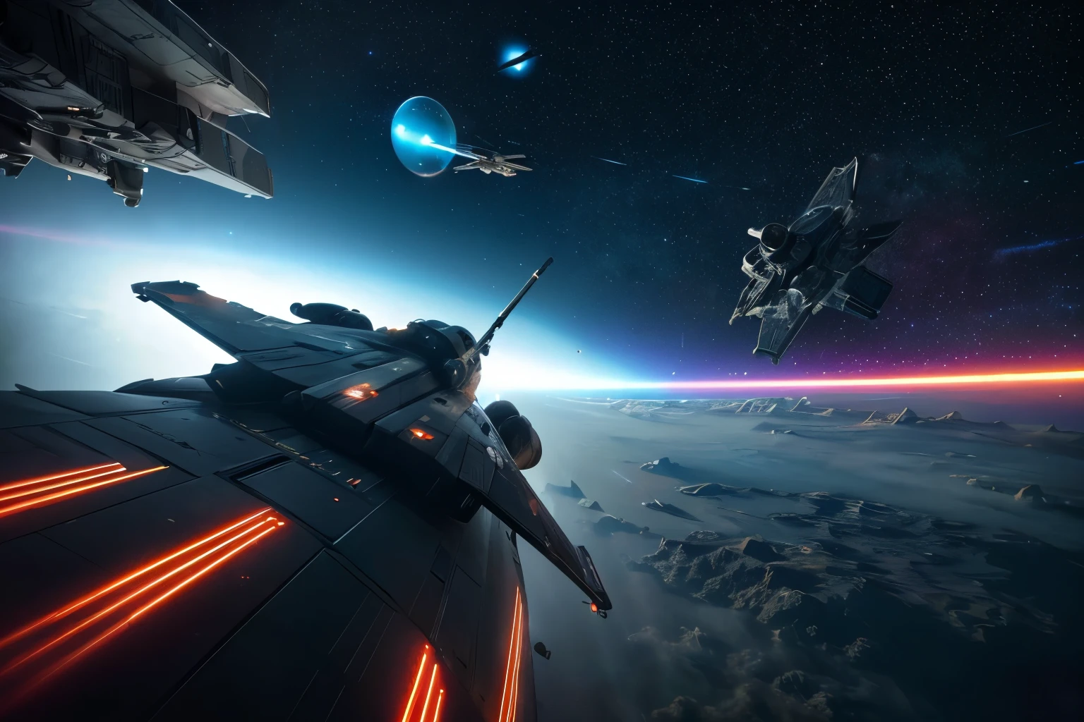 ((Epic Space War Masterpiece)), ((High-Resolution Galactic Conflict)), ((hyper-realistic Starfleet Battles)), (detailed Spacecraft Destructions), (Photorealistic:2.0), Spacemen in combat suits, (futuristic), (alien species), (advanced weapons), (energy shields), (laser blasts), (planetary ground assaults), (space-drifting debris), (cosmic backdrop), (Neon-lit starships), (holographic interface), (high-tech control consoles), (ai-driven starfighters), (stellar explosions), (dark matter effects), (warp speed