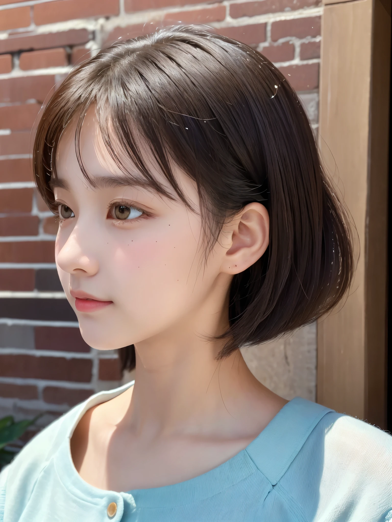One Girl,(1人のとてもcute女の子:1.3),masterpiece,Highest quality,High resolution,From below,Low - Angle,Photorealistic,RAW Photos,Ray Tracing,beautiful girl,(15 years old:1.3),cute,Big eyes,(detailed pupils:1.2),(Face turned to the side:1.3),Round Nose,Beautiful nose,Upturned nose,Fuller lips,Short black hair,ponytail,short hair,Detailed eyelashes,Thin eyebrows,Very fine grain definition,(profile:1.3),(Face close-up,Face Focus:1.0),Small breasts,Short neck,,Red and white brick building,Western-style building,poplar tree,Portrait,Look to the side,Upper Body,Cinema Lighting,High resolution,Very detailed