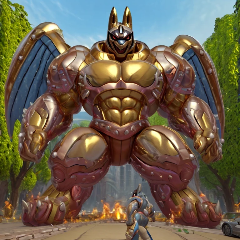 (masterpiece. official art. 8k. best quality. detailed full body. full body.)
(situation 1 : dominating shiny_mega_lucario. shiny_mega_lucario is over 1000 meters long. focus GIANT shiny_mega_lucario is trampling the city. Looking down. macro. stomp. Low-angle perspective. emphasizing the immense size.)
(situation 2 : smoke and flames rising from the destruction in the city)
(Additional details 1: Armored Flazzard. real texture material. whole body shines like metal. emphasizes the muscles. suit fully made of metal.).
(Additional details 2: (Detailed head. Detailed Body. Detailed abs. gigantic muscles. HYPER MUSCLES. Gigachad Muscular. big muscle. pecs. triceps. traps. unusually developed muscular body. body full of huge muscles. showing off muscles. pectorales enormes. Exaggeratedly huge muscles. huge muscles. long legs.).
(Additional details 3: Spread wings. It has wings. have big wings. The claws are sharp. Sharp teeth.).