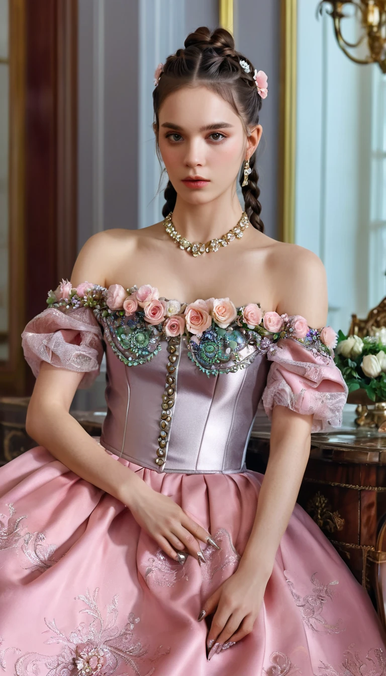 Miss, Serious, elegant, Pink skirt, Noble, Silver, Long nails, Bare shoulders, hairstyle, hair, Braids and Ponytails, messy, arrogant, absurd, Elaborate dress, Royal Family, celebration, Hall decorated with flowers, Cowboy shooting, portrait, (best quality), (masterpiece), (Very detailed), (4K)