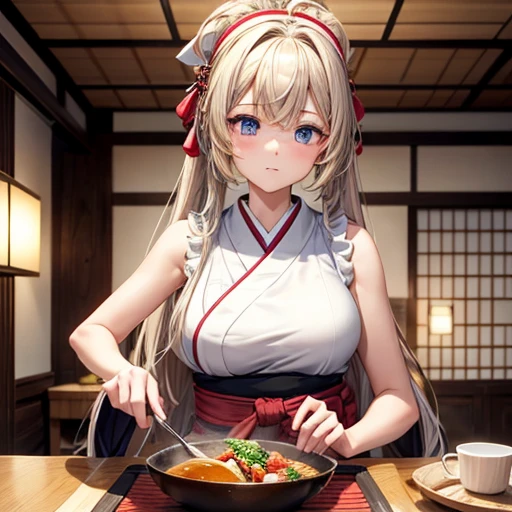 masterpiece, Highest quality, High resolution, 1girl 22 Ahoge Hair Accessory, Cooking French cuisine in a sleeveless kimono Japanese cuisine restaurant Sash