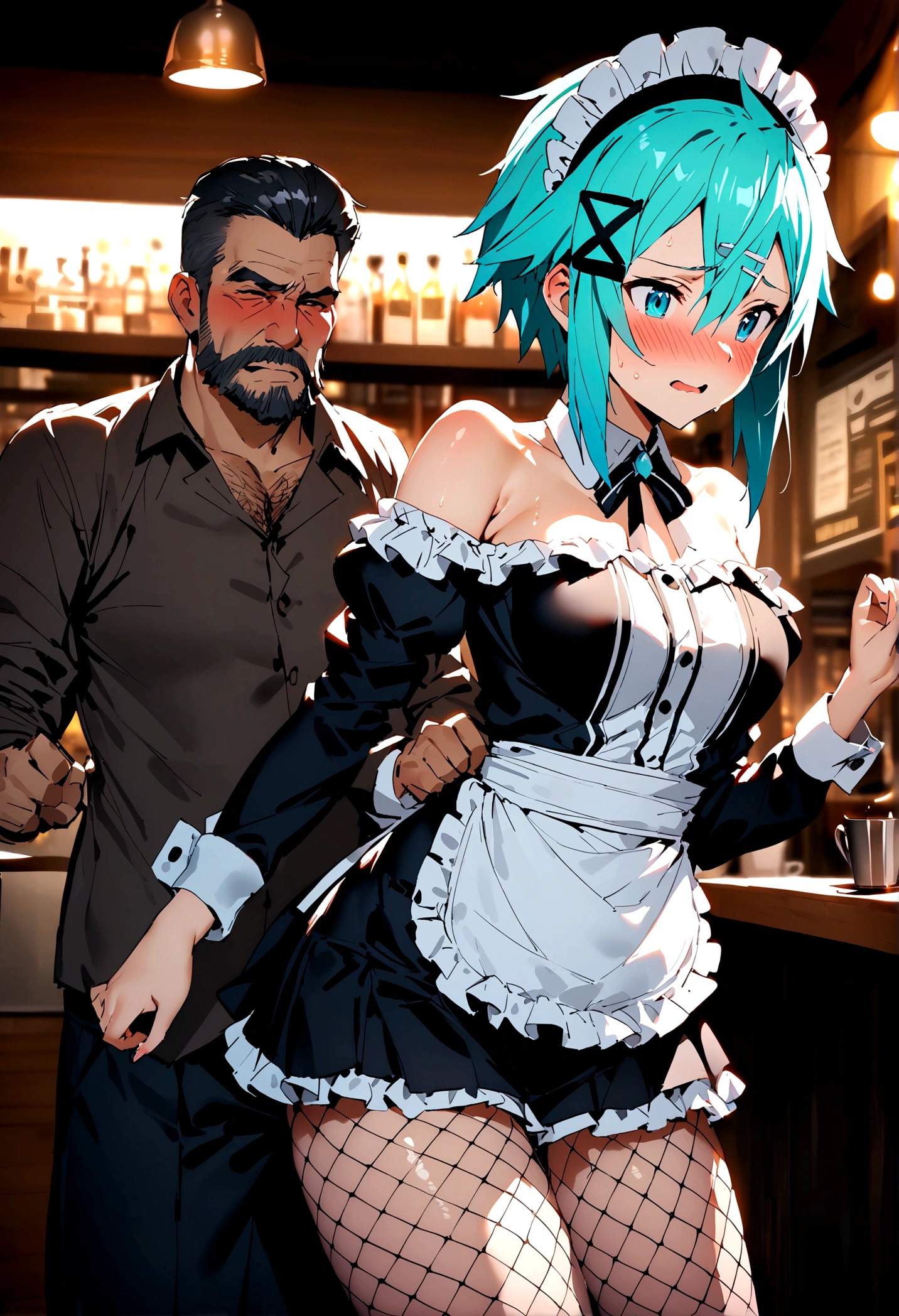 NSFW,masterpiece,Highest quality,High resolution,Super detailed,Sinon\(Sword Art Online\),Sexy Playboy Bunny,Streaks,Large fishnet stockings,Embarrassed,expectant face,(Estrus),(Lust),(Oho face),blush,casino,tray,(Elderly men),A man puts his hands on her waist and hugs her,Being sexually harassed,(Molester),(Body touch),Wet,(Sex slave),(Service),service,(Group Sex),Nipples,Sedentary sex