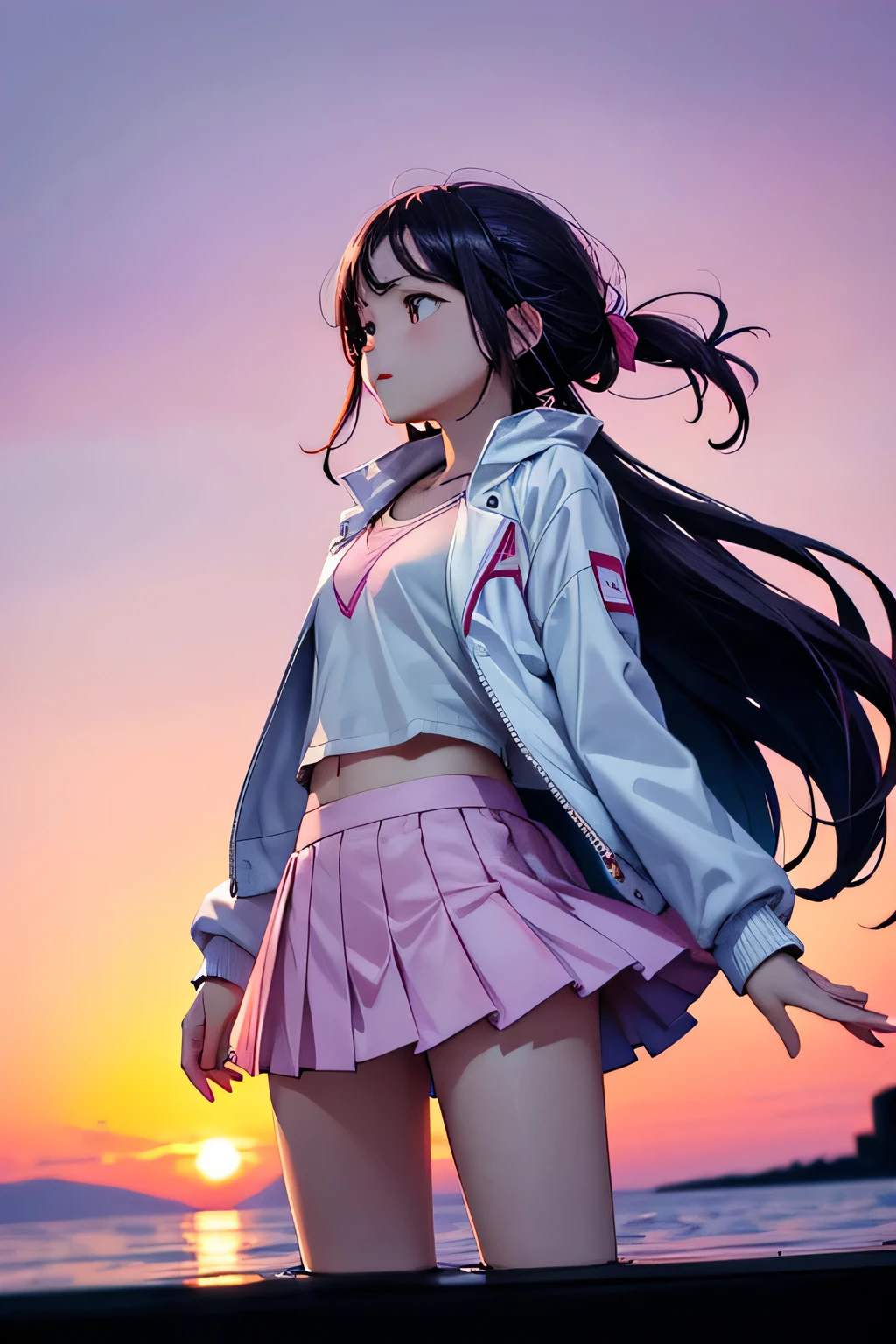 girl standing on water , beautiful sunset background , white mini skirt , dark-colored jacket , hair is tied in a simple style and is being blown by the wind, The background features a sky with pink and purple hues, dark clouds, and streaks of light. The sun, almost set, is visible in the distance, creating a serene and melancholic atmosphere