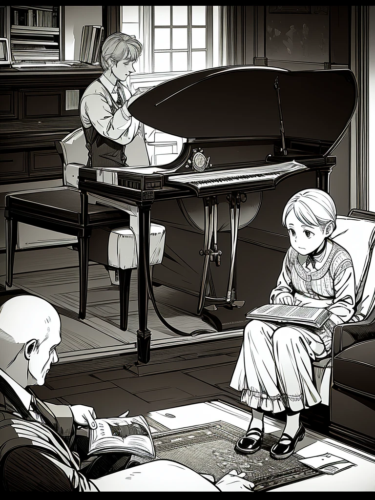 living room, grandfather sitting in armchair smoking a pipe, grandmother sitting in armchair reading a book, father sitting at a table writing a letter, mother playing the piano, girl standing next to the piano singing, boy playing with a ball,  sitting on the floor playing with a doll