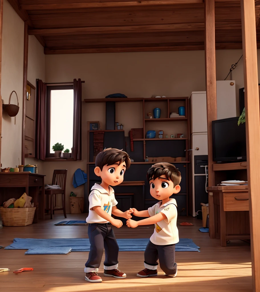 Two young boys fighting in His house