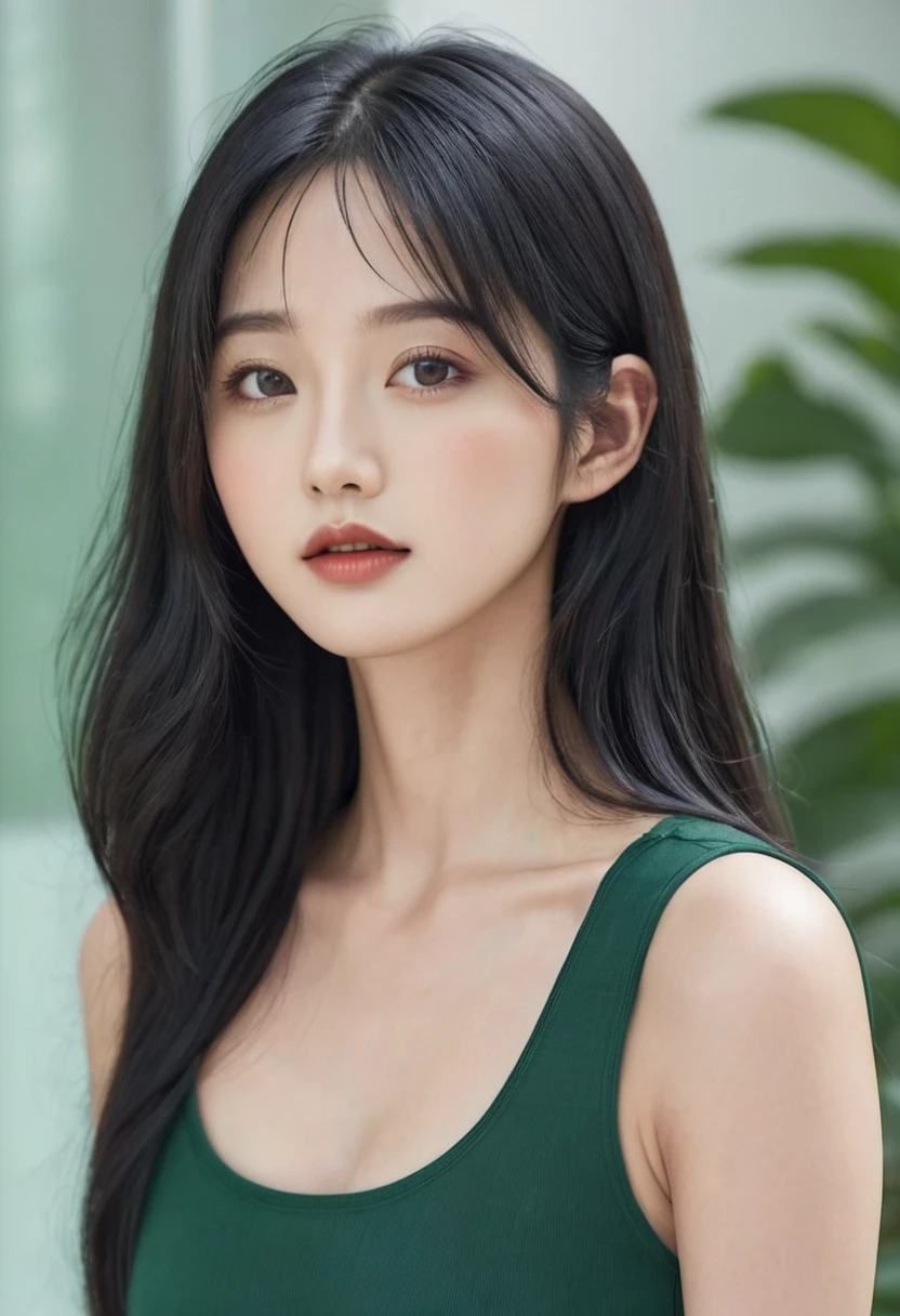 Close up of woman with long black hair wearing green top, wavy long-length black hair, Gorgeous young Korean woman, Best Face, 아름다운 Korean woman, shoulder length black hair, Beautiful young Korean woman, Long wavy black hair, Korean woman, long thin black hair, Very dark natural black hair, Asian girl with long hair