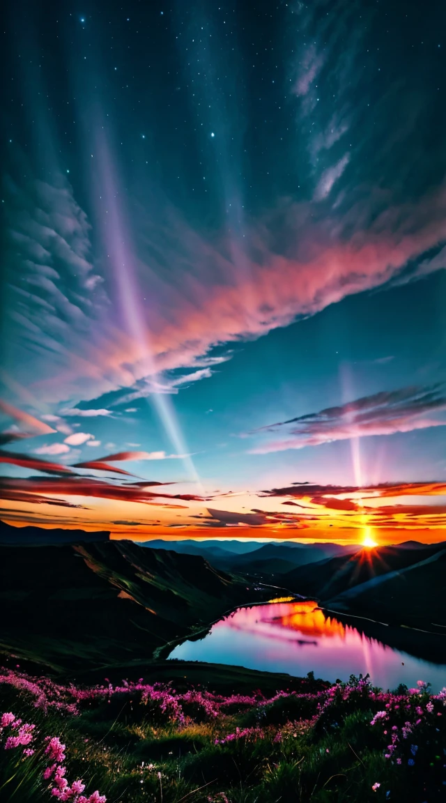 There is a beautiful sunset, the hillside is covered with flowers and plants, the flowers are up close, the colorful sky, the surreal colors, the colorful sunsets, the colorful sky, the marvelous sky reflection, the amazing sky, the fantastic atmosphere 8K, the colorful clouds, the color reflection on the lake, the surreal sky, the red and blue reflection, the fire reflection, the beautiful sky, the beautiful and spectacular dusk, the beautiful dream landscape, the amazing skyHD lighting and dark )<=(epic image quality)dark atmosphere with bright particle light(many effects in background)

INFO
Size
856X1536
Date
Nov 22, 2023