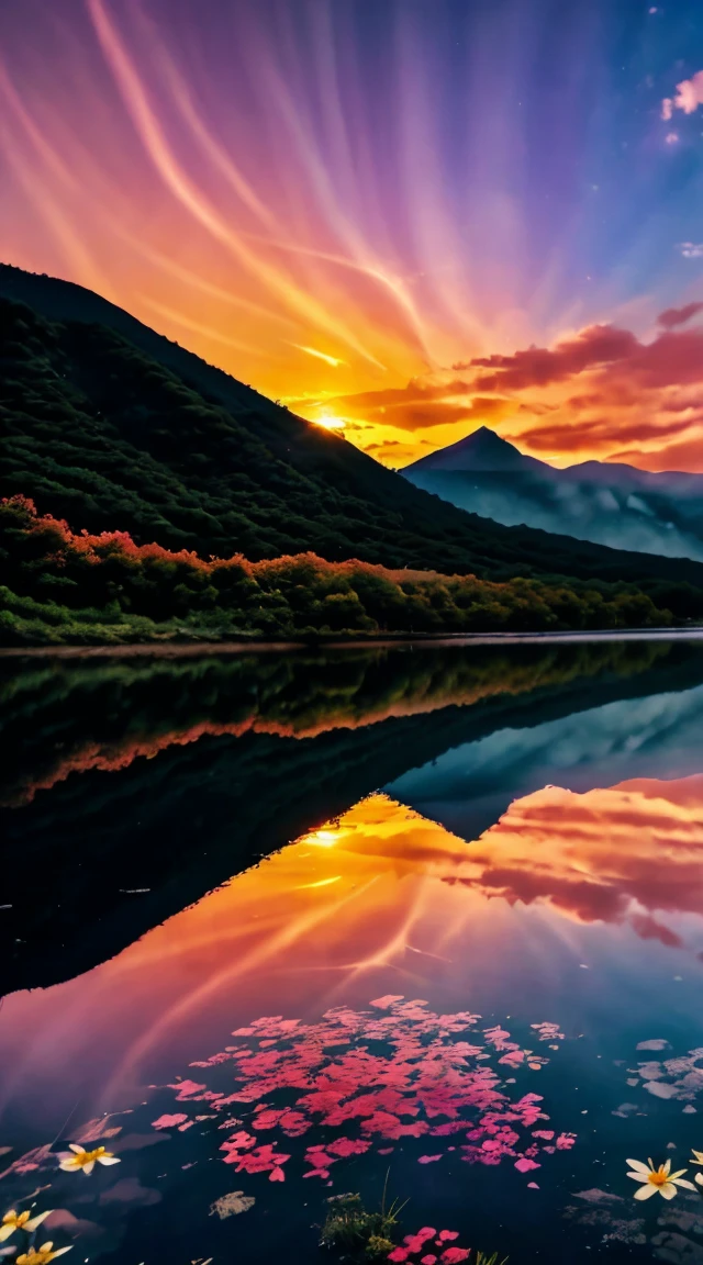 There is a beautiful sunset, the hillside is covered with flowers and plants, the flowers are up close, the colorful sky, the surreal colors, the colorful sunsets, the colorful sky, the marvelous sky reflection, the amazing sky, the fantastic atmosphere 8K, the colorful clouds, the color reflection on the lake, the surreal sky, the red and blue reflection, the fire reflection, the beautiful sky, the beautiful and spectacular dusk, the beautiful dream landscape, the amazing skyHD lighting and dark )<=(epic image quality)dark atmosphere with bright particle light(many effects in background)

INFO
Size
856X1536
Date
Nov 22, 2023