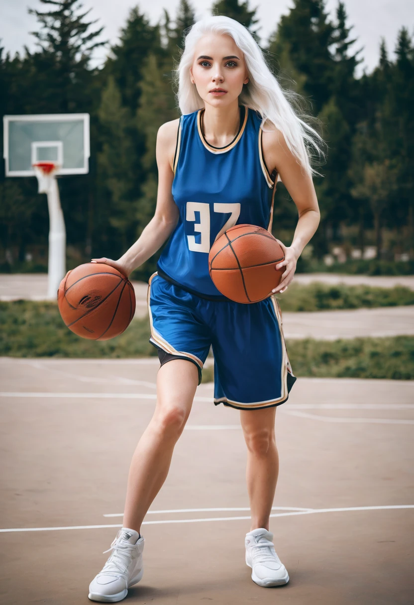 27 year old woman white hair blue eyes and white skin playing basketball full body