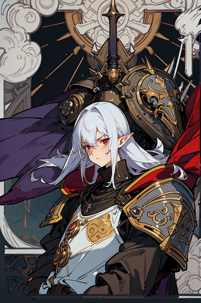 masterpiece, best quality, ultra high res, dark theme, 1boy, (dungeonpunk armor), (mechanical steampunk armor), (wearing armor), fantasy illustration, dark skinned, human, upper body, portrait, red eyes, long white hair, half-drow, pointy ears, serious face, young man, dramatic lighting, purple hue, art by Kinema Citrus