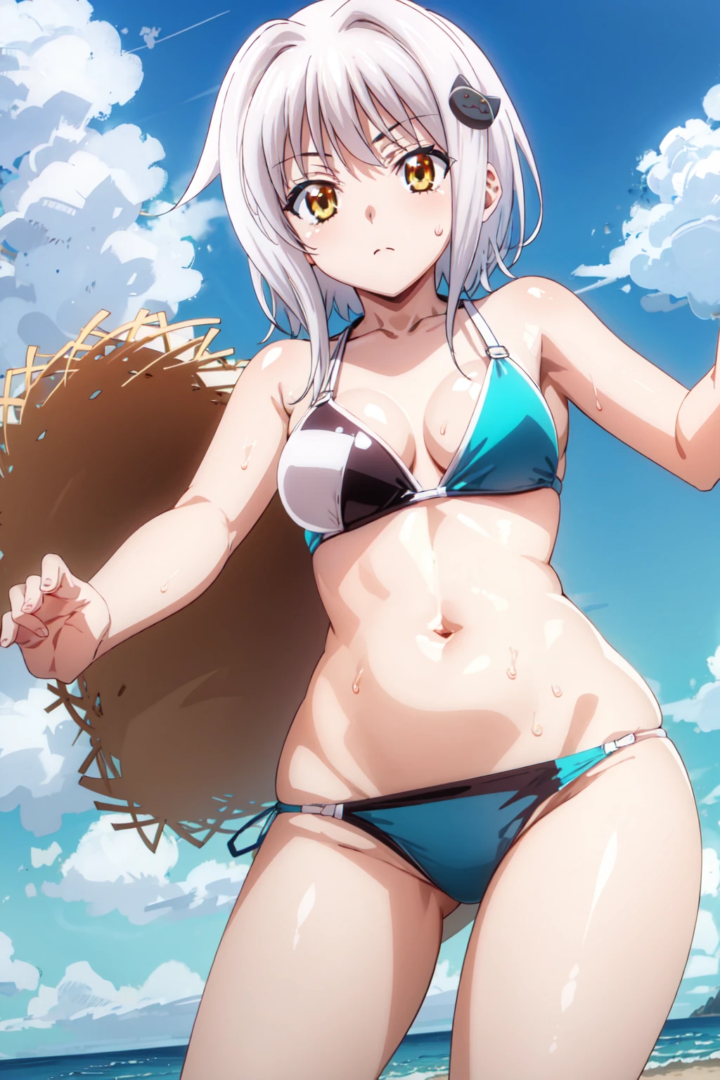 eft_dxd_white, 1girl, cat hair ornament, yellow eyes, hair ornament,white hair, solo, short hair, looking at the viewer, blue theme, blue background, cloudy sky, sunlight, sweat, orgasmic, bikini swimsuit, medium breasts, cleavage, belly button exposed, collarbone, thighs, sea and beach,