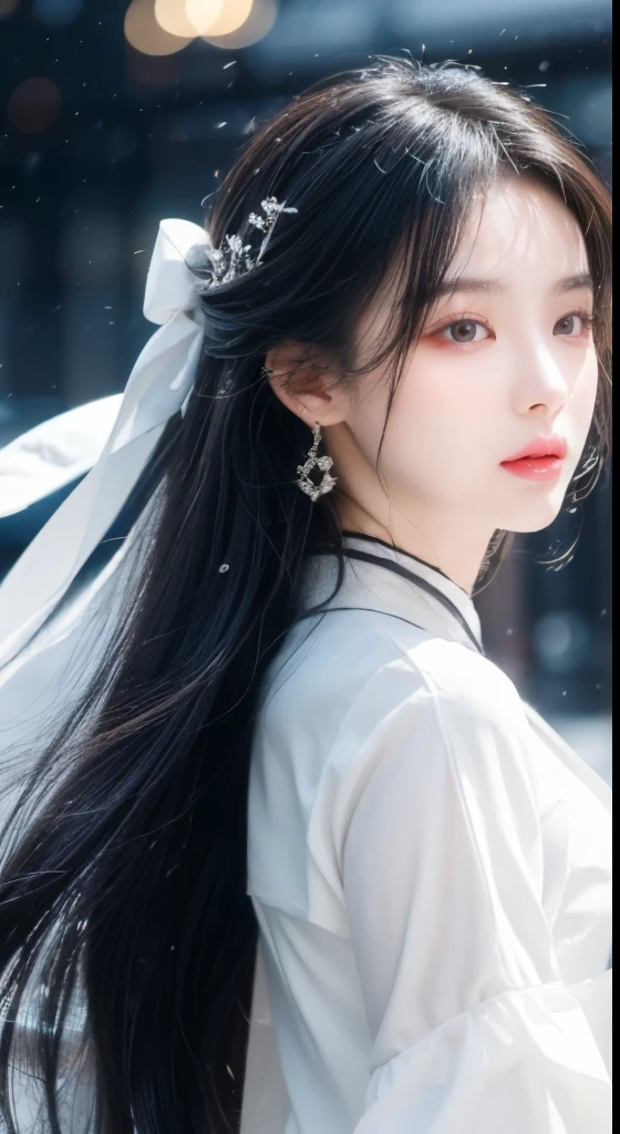 、(Top quality,masterpiece:1.3,Ultra-high resolution,),(Very detailed,Caustic lines),(Reality:1.4,RAW Shooting,)Ultra-realistic capture,Very detailed,HD 16K,Suitable for human skin、 Natural skin texture、、Skin looks healthy and even-toned、 Use natural light and color,A woman,Kawaii,Black Hair,Medium Length Hair,(Depth of Field、Chromatic Aberration、、Wide lighting range、Natural shadows、)、(Nighttime outdoor lighting:1.4)、(Snow Scene:1.2)、(Hair blowing in the wind:1.1)(photoPractical, best quality, Ultra-high resolution, Extremely detailed eyes and face:1.3),(1 girl, solitary:1.3),On a wooden boat,Black Hair,Practical,Long hair,Jewelry,Upper Body,White see-through Hanfu,Fuzzy,earrings,Lips,Chinese clothes,Hair accessories,black eyes,Fuzzy background,Looking to the side,Residence,