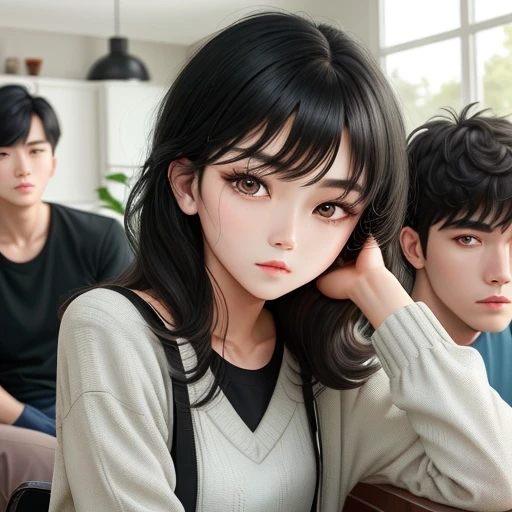Broken-home-family
Man-boy-woman sitting in family room
Detailed face, Detailed eyes, double eyelid,, Handsome-cool-warm-boy with black hair and cute-beautiful-girl with black hair.