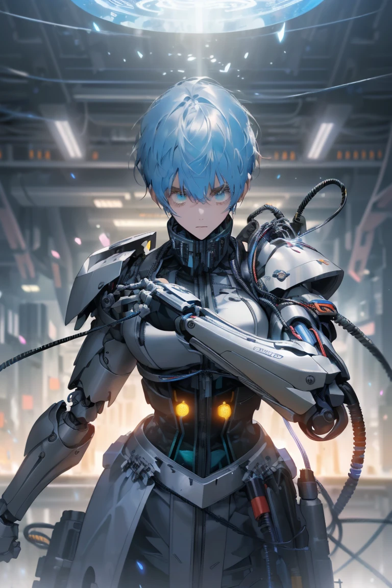 Light Particles, Halo, (Bioluminescence:0.95), Bioluminescence, Harsh light, Energetic, (((rich and colorful))), color, (glowing, glow), reflected light, Depth of Field, From the back, multiple views, delicated best quality, (((masterpiece))), ((best quality)), ((Extremely detailed)), (CG Illustrations), (Extremely cunning and beautiful)), light, ((1.Mechanical Girl)), (White, Blue Hair), (short hair), (Green Eyes), (Purple lips), (Oversized Silver Robe), single, full, mechanical Halo,star Halo,Complex mechanical tights, Mecha Corset, (full armor: yalow and White), (Mechanical joints: 1.4), ((Mechanical limbs)), ( The blood vessels that connect the tubes), ((A mechanical spine attached to the back)), ((Mechanical cervical vertebra attached to the neck), ((Fighting Stance)), Poker face, (Wires and cables connecting the head to the body: 1.5), (character focus), Science fiction, Revelation, glow, (full shoot body:1.1)