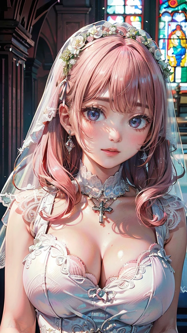(Masterpiece, BestQuality:1.3), (ultra detailed:1.2), (hyperrealistic:1.3), (RAW photo:1.2), High detail RAW color photo, professional photograph, (Photorealistic:1.4), (realistic:1.4), (Pink Hair:1.5), professional lighting, perfect anatomy, (Big Breasts:1.2), (blush, detailed face), (A happy smile:1.7), Trending Hair&Trending Hairカラーをランダムに, earrings, necklace, bracelet, sexly, erotic sexly, Random sexy gravure poses, (Woman in a bride、The background is a church、A happy smile、Long Wave、Lifting up the wedding dress:1.3)