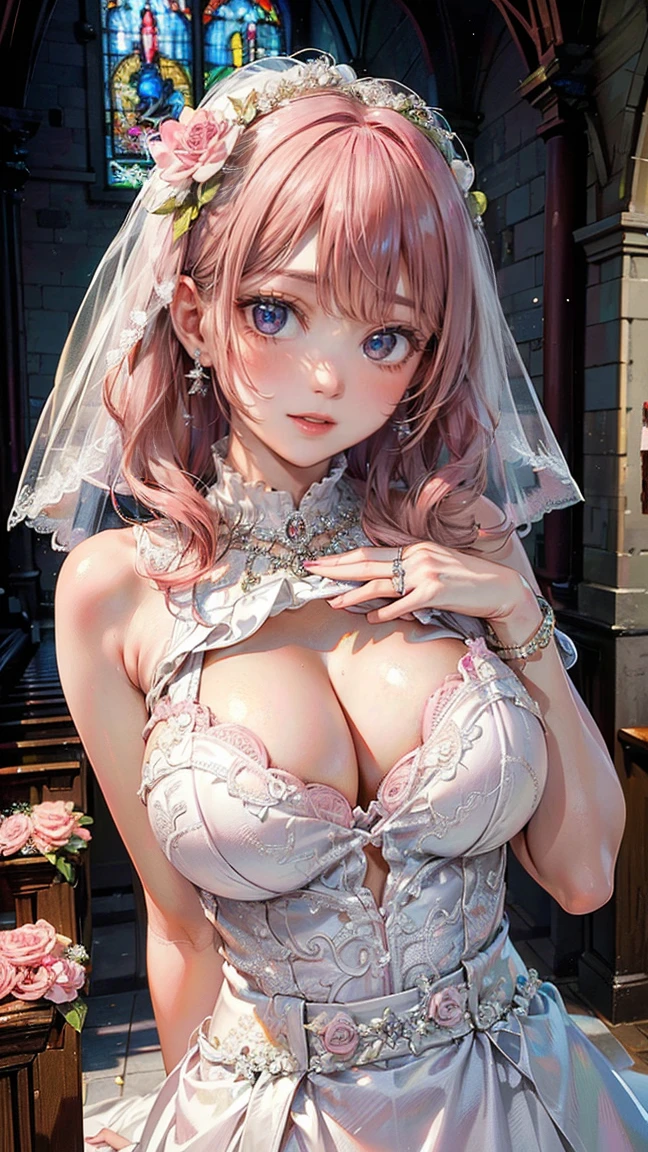 (Masterpiece, BestQuality:1.3), (ultra detailed:1.2), (hyperrealistic:1.3), (RAW photo:1.2), High detail RAW color photo, professional photograph, (Photorealistic:1.4), (realistic:1.4), (Pink Hair:1.5), professional lighting, perfect anatomy, (Big Breasts:1.2), (blush, detailed face), (A happy smile:1.7), Trending Hair&Trending Hairカラーをランダムに, earrings, necklace, bracelet, sexly, erotic sexly, Random sexy gravure poses, (Woman in a bride、The background is a church、A happy smile、Long Wave、Lifting up the wedding dress:1.3)