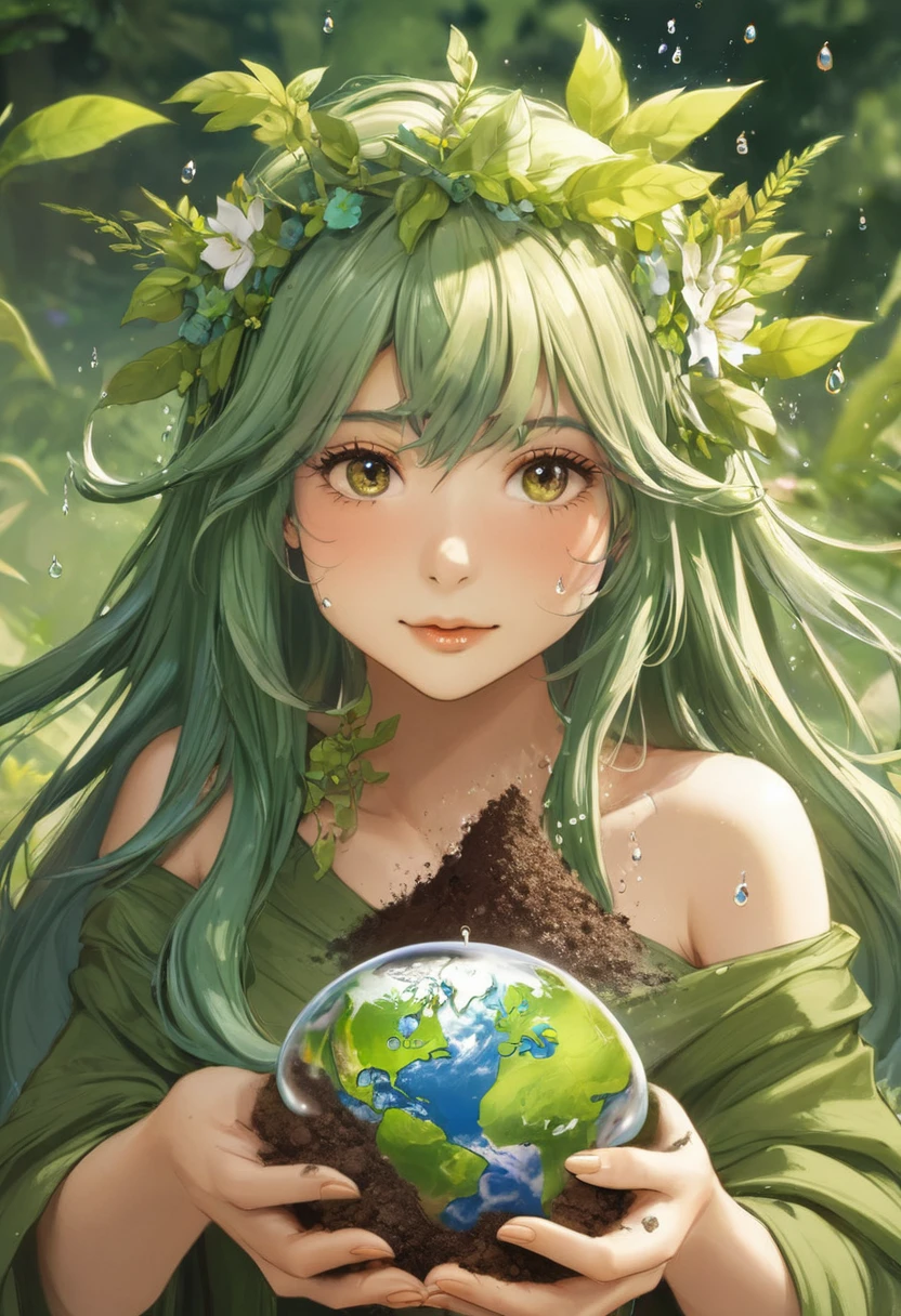 One girl, Female Earth Spirit, Earth-colored hair, Internal soil springs, Put a few drops of soil on your skin,