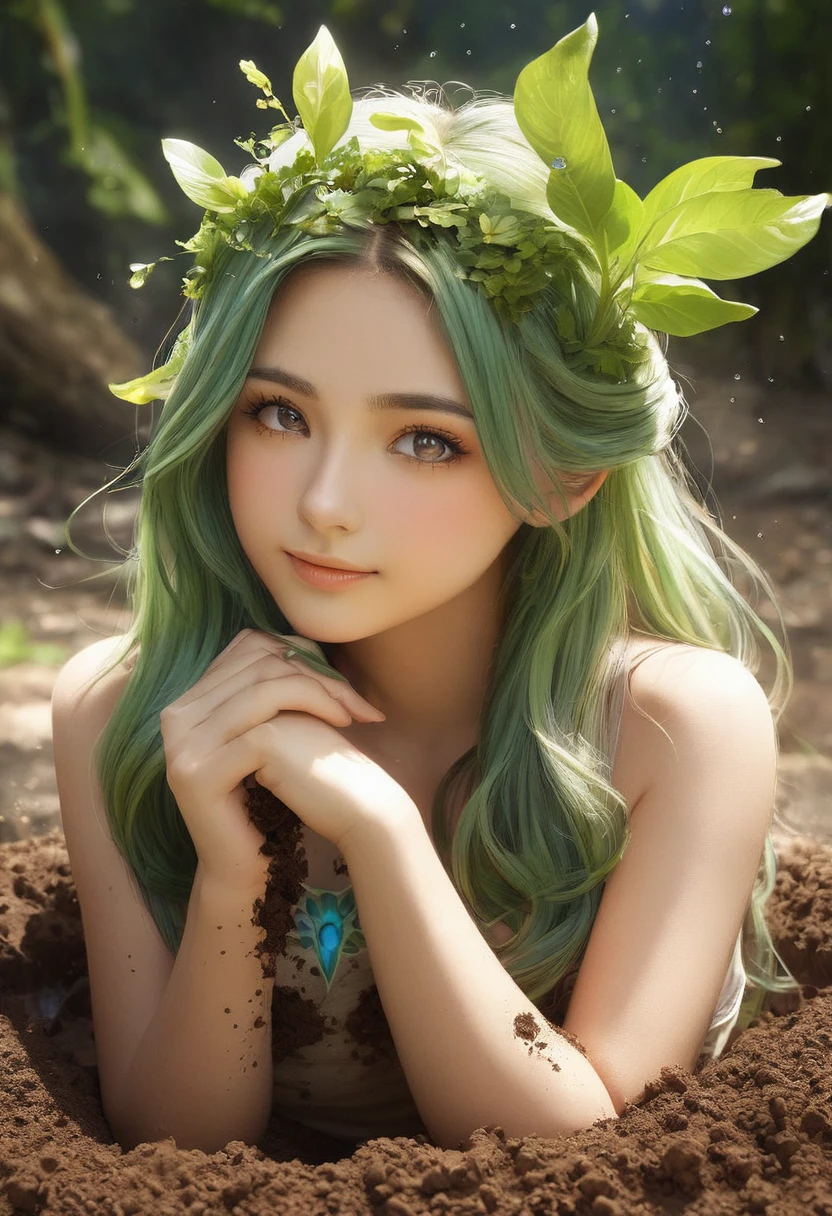 One girl, Female Earth Spirit, Earth-colored hair, Internal soil springs, Put a few drops of soil on your skin,