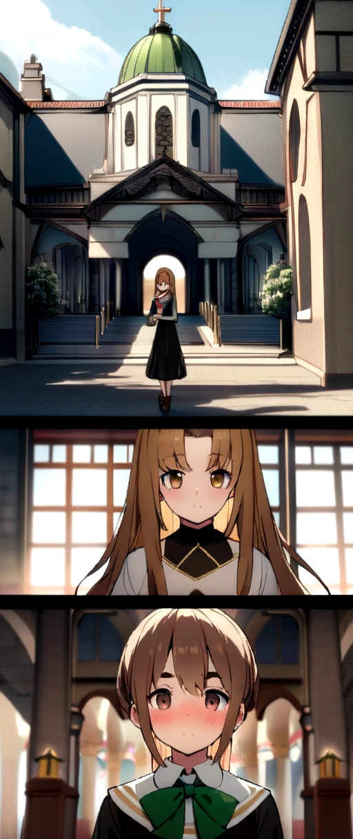 1人of女of子, upper_body, building, Blurred, bow, Blurred_background, length_sleeve, 一人in, depth_of_Field, dress, city, Skyscraper, 前hair, length_hair, black_bow, cityscape, brown_hair, Eyebrow_appear_Through_hair, Looking_in_Audience, black_dress, sleeve_past_wrist, ふくらんinいる_sleeve, Outdoor, ふくらんinいる_length_sleeve, Closed_mouth, brown_eye, Frills, blush, church, Are standing, Tower, green_bow, handrail, Day, city, photograph_background, architecture, bridge, stage, clavicle, library, indoor, bowtie 