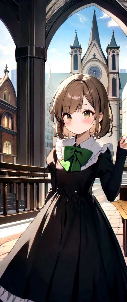 1人of女of子, upper_body, building, Blurred, bow, Blurred_background, length_sleeve, 一人in, depth_of_Field, dress, city, Skyscraper, 前hair, length_hair, black_bow, cityscape, brown_hair, Eyebrow_appear_Through_hair, Looking_in_Audience, black_dress, sleeve_past_wrist, ふくらんinいる_sleeve, Outdoor, ふくらんinいる_length_sleeve, Closed_mouth, brown_eye, Frills, blush, church, Are standing, Tower, green_bow, handrail, Day, city, photograph_background, architecture, bridge, stage, clavicle, library, indoor, bowtie 