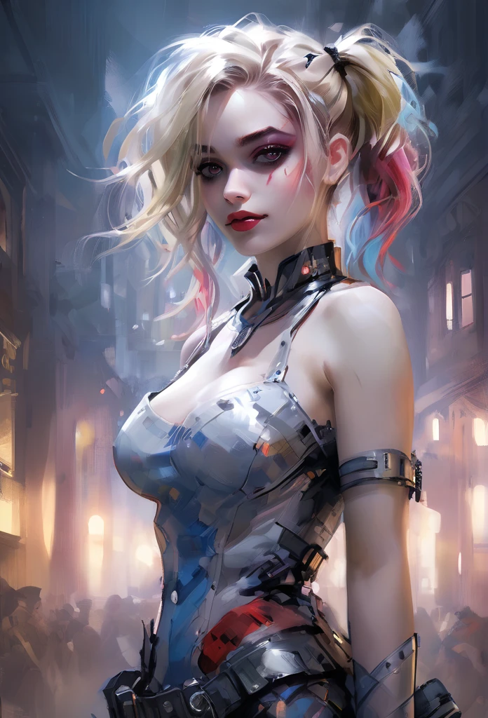 Realistic visual effects,Artistic refinement,charming beauty, dramatic contrast, Atmospheric Depth,Intimate moments, Long-lasting charm, Realistic depiction,Realistic accuracy, evoke emotions, Emotional Depth, compelling symbolism, Small Breasts, 1 Girl,(Harley Quinn),(looking at the audience),(whole body:1.4), (Dazzling atmosphere, Fascinating light, Ethereal atmosphere, Fascinating light, Evocative colors, Attractive colors, Dramatic Lighting, Charming aura:1),(High level of detail:1.5),Unreal Engine,3d rendering,negative photography, complex 3d rendering ultra detailed of a beautiful porcelain profile woman (Harley Quinn) , ic parts, 150 mm, Beautiful studio soft lighting, (Rim Light:0.63), Vivid details, Luxury cartoon , Lace, hyperPractical, Anatomy, elegant, Beautiful background, Octane Rendering, H. R. Giger style, 8K, best quality, masterpiece, illustration, Extremely delicate and beautiful, Very detailed ,CG ,Unite ,wallpaper, (Practical, photo-Practical:1.37),Astonishing, Fine details, masterpiece,best quality,Official Art, Very detailed CG Unite 8K wallpaper, absurd, incredibly absurd,