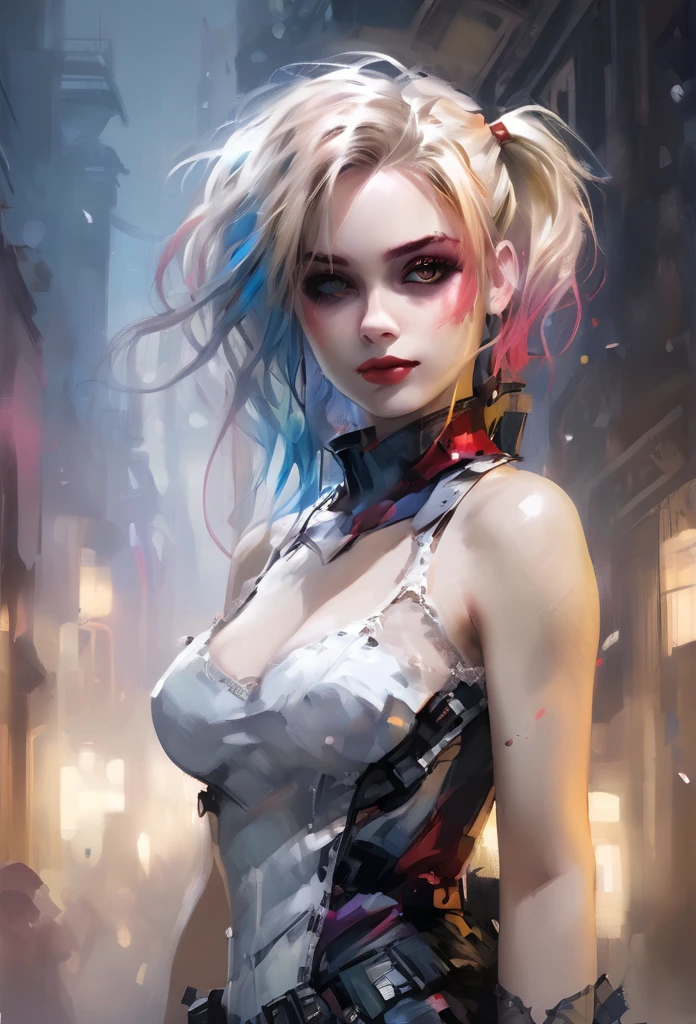 Realistic visual effects,Artistic refinement,charming beauty, dramatic contrast, Atmospheric Depth,Intimate moments, Long-lasting charm, Realistic depiction,Realistic accuracy, evoke emotions, Emotional Depth, compelling symbolism, Small Breasts, 1 Girl,(Harley Quinn),(looking at the audience),(whole body:1.4), (Dazzling atmosphere, Fascinating light, Ethereal atmosphere, Fascinating light, Evocative colors, Attractive colors, Dramatic Lighting, Charming aura:1),(High level of detail:1.5),Unreal Engine,3d rendering,negative photography, complex 3d rendering ultra detailed of a beautiful porcelain profile woman (Harley Quinn) , ic parts, 150 mm, Beautiful studio soft lighting, (Rim Light:0.63), Vivid details, Luxury cartoon , Lace, hyperPractical, Anatomy, elegant, Beautiful background, Octane Rendering, H. R. Giger style, 8K, best quality, masterpiece, illustration, Extremely delicate and beautiful, Very detailed ,CG ,Unite ,wallpaper, (Practical, photo-Practical:1.37),Astonishing, Fine details, masterpiece,best quality,Official Art, Very detailed CG Unite 8K wallpaper, absurd, incredibly absurd,