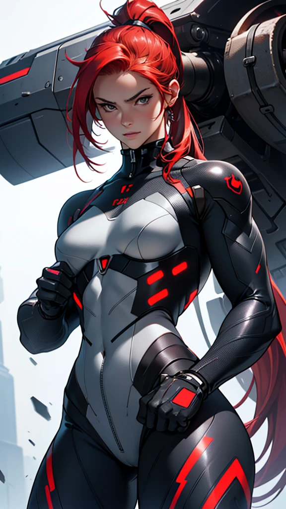 Beautiful cybernetic girl detailed muscles realistic masterpieces full figure pose (best quality,ultra-detailed), red hair in ponytail, fair skin, fit body, slim figure, narrow waist, (confident expression), black carbon fiber cybernetic mobile combat suit