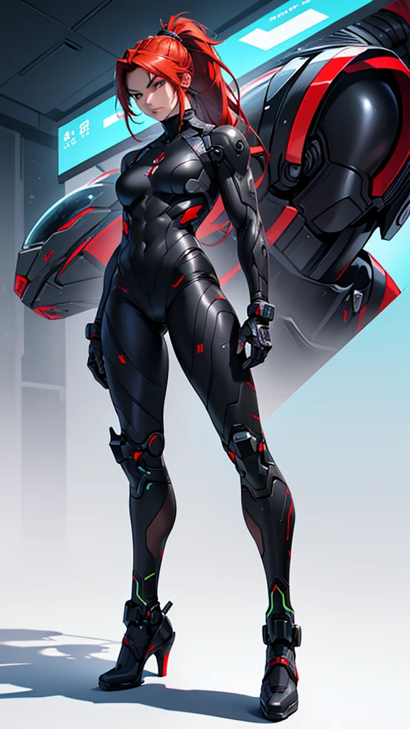 Beautiful cybernetic girl detailed muscles realistic masterpieces full figure pose (best quality,ultra-detailed), red hair in ponytail, fair skin, fit body, slim figure, narrow waist, (confident expression), black carbon fiber cybernetic mobile combat suit