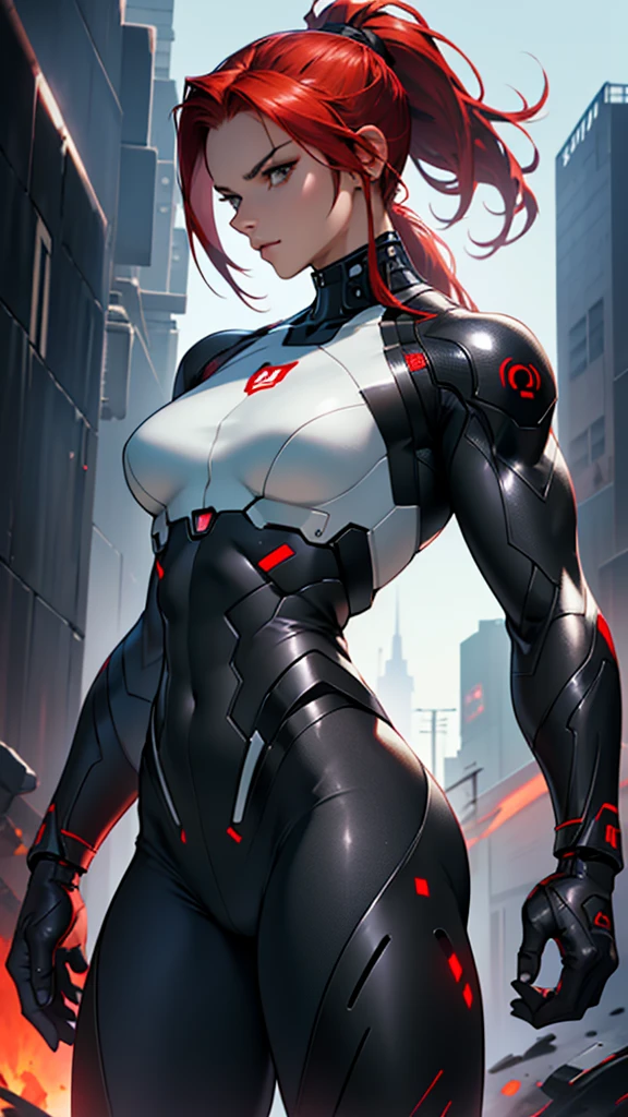 Beautiful cybernetic girl detailed muscles realistic masterpieces full figure pose (best quality,ultra-detailed), red hair in ponytail, fair skin, fit body, slim figure, narrow waist, (confident expression), black carbon fiber cybernetic mobile combat suit