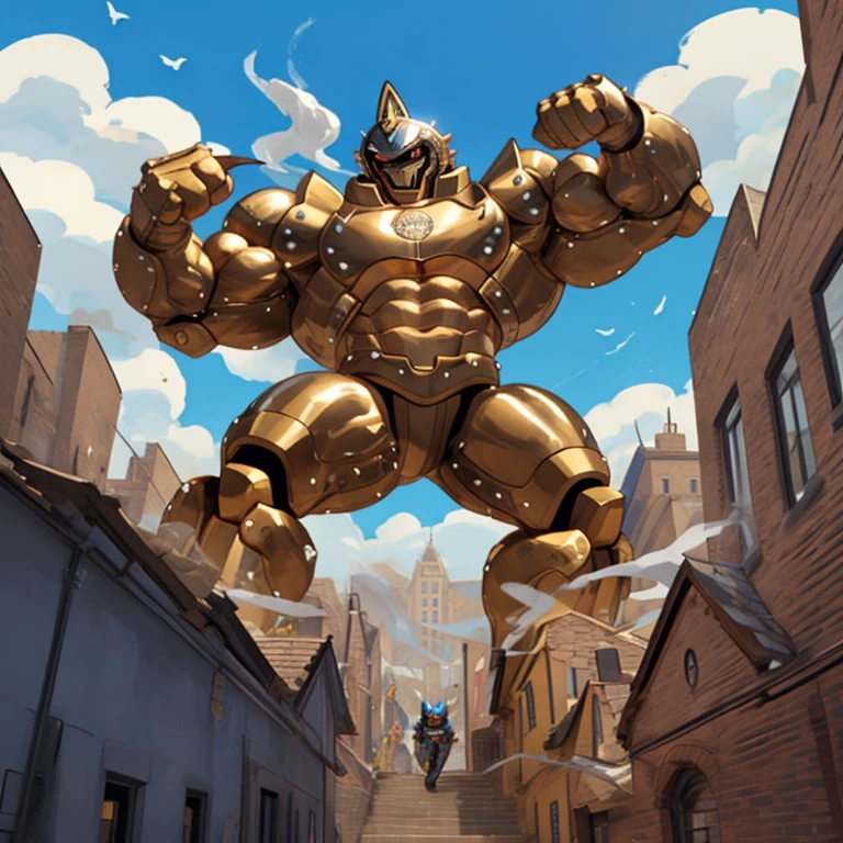 (masterpiece. official art. 8k. best quality. detailed full body. full body.)

(situation 1 : dominating Shiny_Mega_Lucario. Shiny_Mega_Lucario is over 1000 meters long. focus GIANT mechanical Muscular Shiny_Mega_Lucario is trampling the city. Looking down. macro. stomp. Low-angle perspective. emphasizing the immense size.)

(situation 2 :smoke and flames rising from the destruction in the city)

(Additional details 1: BlackKnight_fe. Armor. Cape. Helmet.. high-tech bio-mecha armor. real texture material. whole body shines like metal. Wearing cyberpunk mecha. emphasizes the muscles. suit fully made of metal. intricate armor. Robotic suit. suit fully made of metal. cyborg. Powered exoskeleton with the same design as Shiny_Mega_Lucario).

(Additional details 2: Detailed head. Detailed Body. Detailed abs. gigantic muscles. HYPER MUSCLES. Gigachad Muscular. big muscle. pecs. triceps. traps. unusually developed muscular body. body full of huge muscles. showing off muscles. pectorales enormes. Exaggeratedly huge muscles. huge muscles. long legs.).

(Additional details 3: nj5furry, Spread wings. It has wings. black have big wings. The claws are sharp. Sharp teeth.). 
