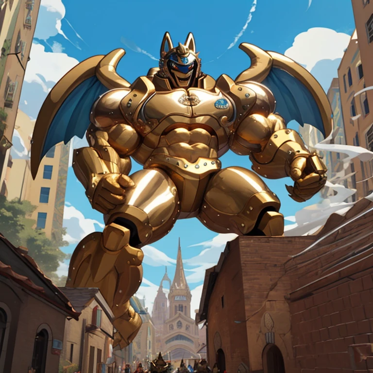 solo (situation 1 : dominating Shiny_Mega_Lucario. Shiny_Mega_Lucario is over 1000 meters long. focus GIANT mechanical Muscular Shiny_Mega_Lucario is trampling the city. Looking down. macro. stomp. Low-angle perspective. emphasizing the immense size.)
(situation 2 :smoke and flames rising from the destruction in the city)
(Additional details 1: wearing a full-face helmet. golden armor. Armored Flazzard. Armored_Flazzard. high-tech bio-mecha armor. real texture material. whole body shines like metal. Wearing cyberpunk mecha. emphasizes the muscles. suit fully made of metal. intricate armor. Robotic suit. suit fully made of metal. cyborg. no face.).
(Additional details 2: (Detailed head. Detailed Body. Detailed abs. gigantic muscles. HYPER MUSCLES. Gigachad Muscular. big muscle. pecs. triceps. traps. unusually developed muscular body. body full of huge muscles. showing off muscles. pectorales enormes. Exaggeratedly huge muscles. huge muscles. long legs.).
(Additional details 3: Spread wings. It has wings. have big wings. The claws are sharp. Sharp teeth).
(Additional details 4: golden hyper penis. hyper golden penis. big penis)