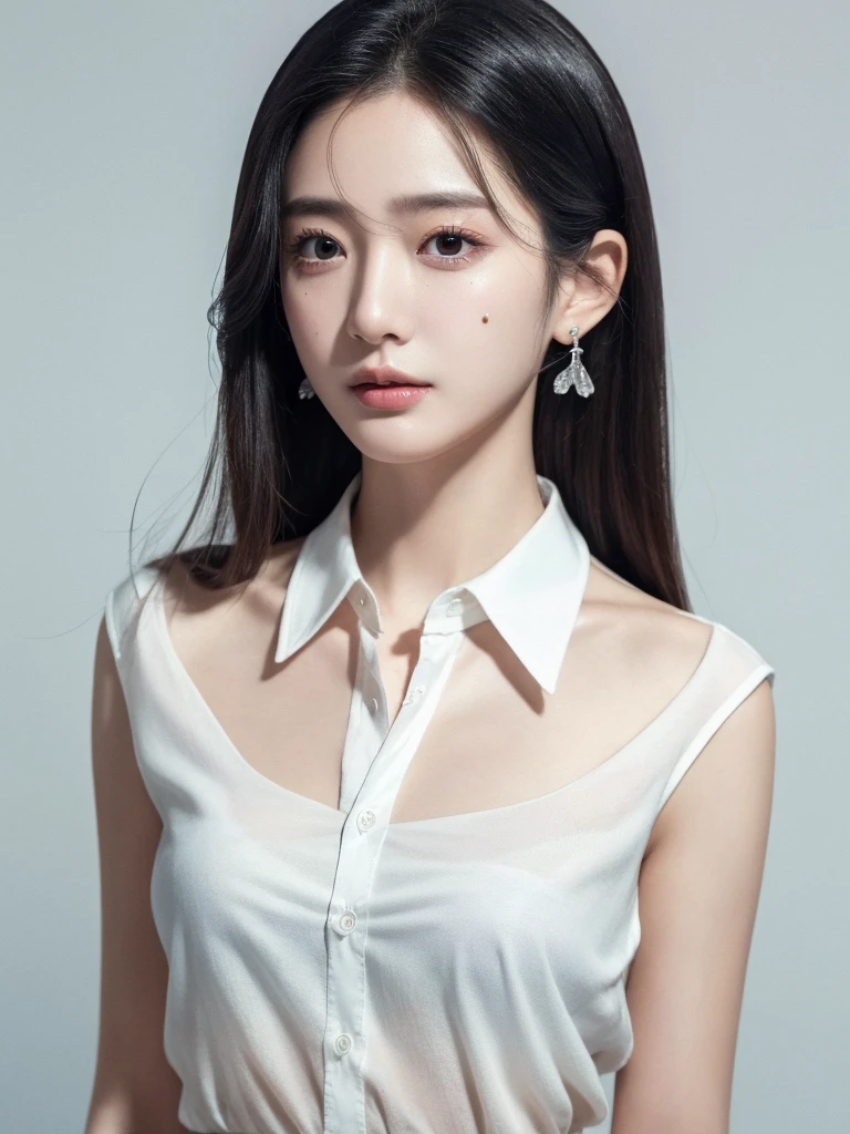 absurdres, RAW photo, extremely delicate and beautiful, masterpiece, Best Quality, ultra high resolution, 32k, hyperrealistic, ultra-detailed, in her 20s, delicate facial features, tearful mole, earring, medium breasts, full body shot, shorter middle hair, black hair, skirt, button up shirt,