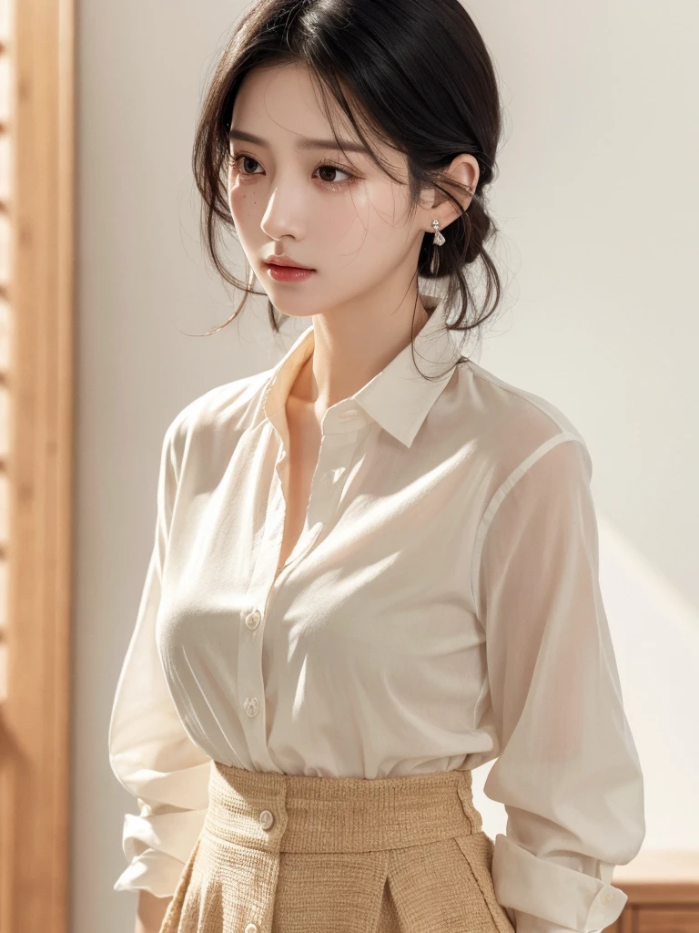 absurdres, RAW photo, extremely delicate and beautiful, masterpiece, Best Quality, ultra high resolution, 32k, hyperrealistic, ultra-detailed, in her 20s, delicate facial features, tearful mole, earring, medium breasts, full body shot, shorter middle hair, black hair, skirt, button up shirt,