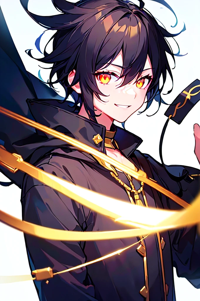 [(WHITE BACKGROUND:1.5),::5], ((((masterpiece)))), high quality, ultra very high resolution, full color, (((solo))), (()), Black hair, (Golden eyes), anime, ((upper body)), neon light, black parka, evil smile