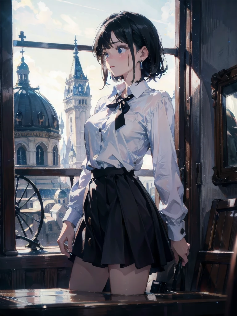 absurdres, RAW photo, extremely delicate and beautiful, masterpiece, Best Quality, ultra high resolution, 32k, hyperrealistic, ultra-detailed, in her 20s, delicate facial features, tearful mole, earring, medium breasts, full body shot, shorter middle hair, black hair, skirt, button up shirt,