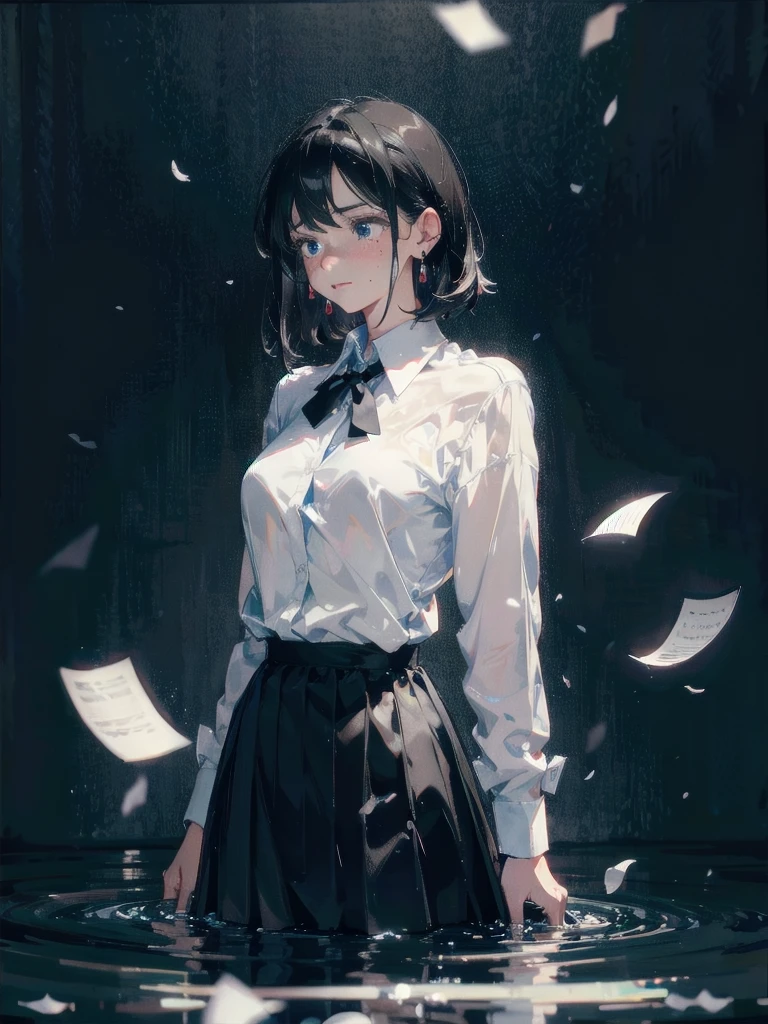 absurdres, RAW photo, extremely delicate and beautiful, masterpiece, Best Quality, ultra high resolution, 32k, hyperrealistic, ultra-detailed, in her 20s, delicate facial features, tearful mole, earring, medium breasts, full body shot, shorter middle hair, black hair, skirt, button up shirt,