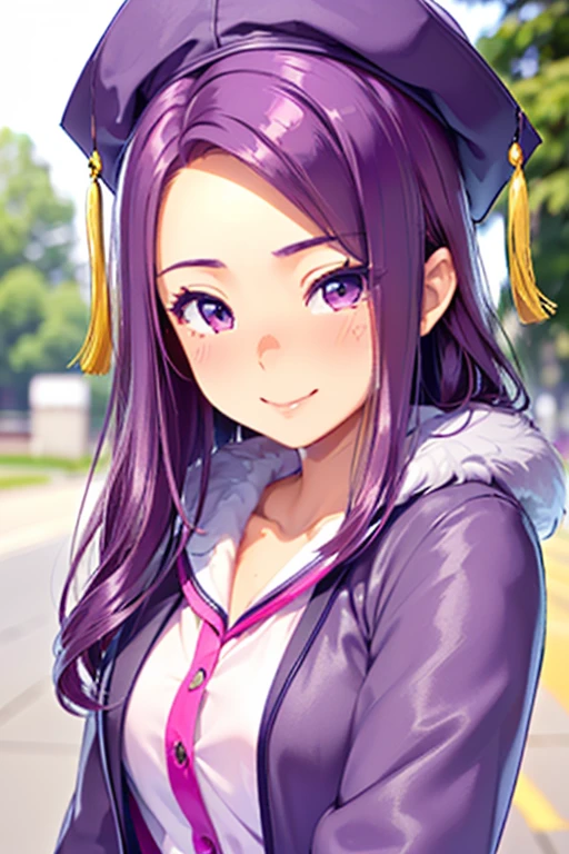 (seira sodeshiro) (highest quality) (very sensual, positive energy) (((solo lady))) (delicate face) (long disheveled hair) ((tanned skin)) (penetrating look) ((extremely pretty)) (she is close to you)) ((teasing you with her hair)) ((your pov)) ((lively colours)) ((loveliest girlfriend)) ((her graduation ceremony)) ((she is wearing her grauation arihane coat and academic cap)) ((sexy smile))
