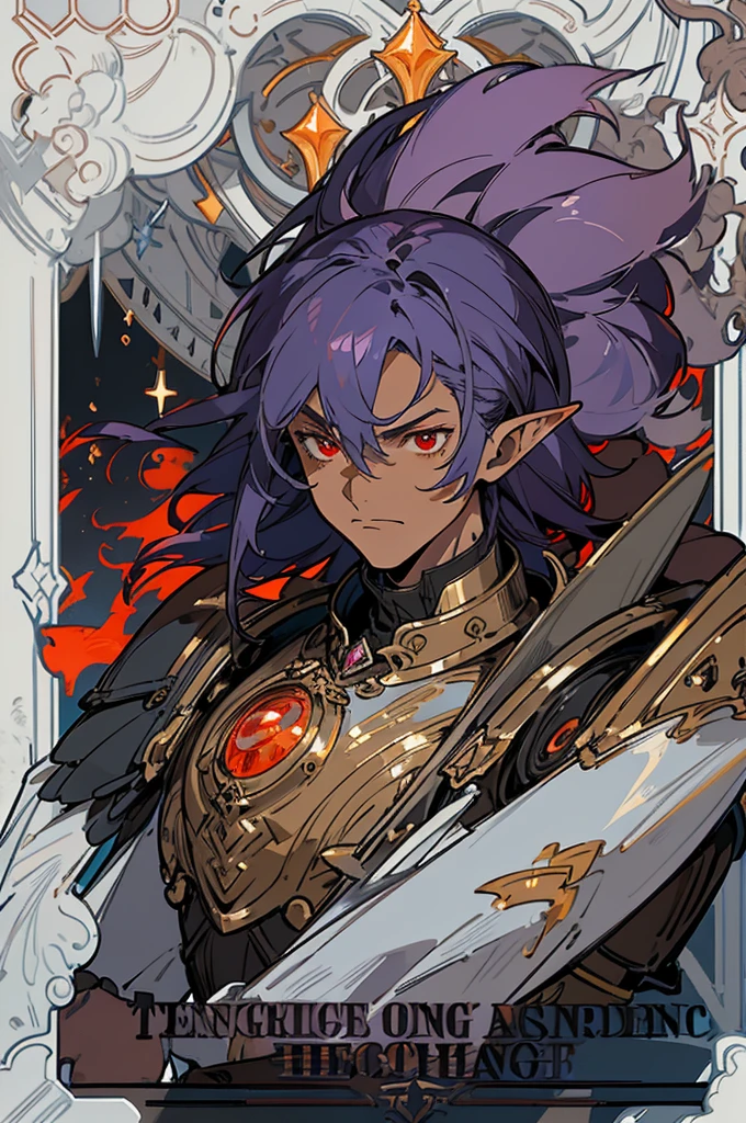 masterpiece, best quality, ultra high res, dark theme, 1boy, (dungeonpunk armor), (mechanical steampunk armor), (wearing armor), fantasy illustration, dark skinned, human, upper body, portrait, red eyes, long white hair, half-drow, pointy ears, serious face, young man, dramatic lighting, purple hue, art by Kinema Citrus