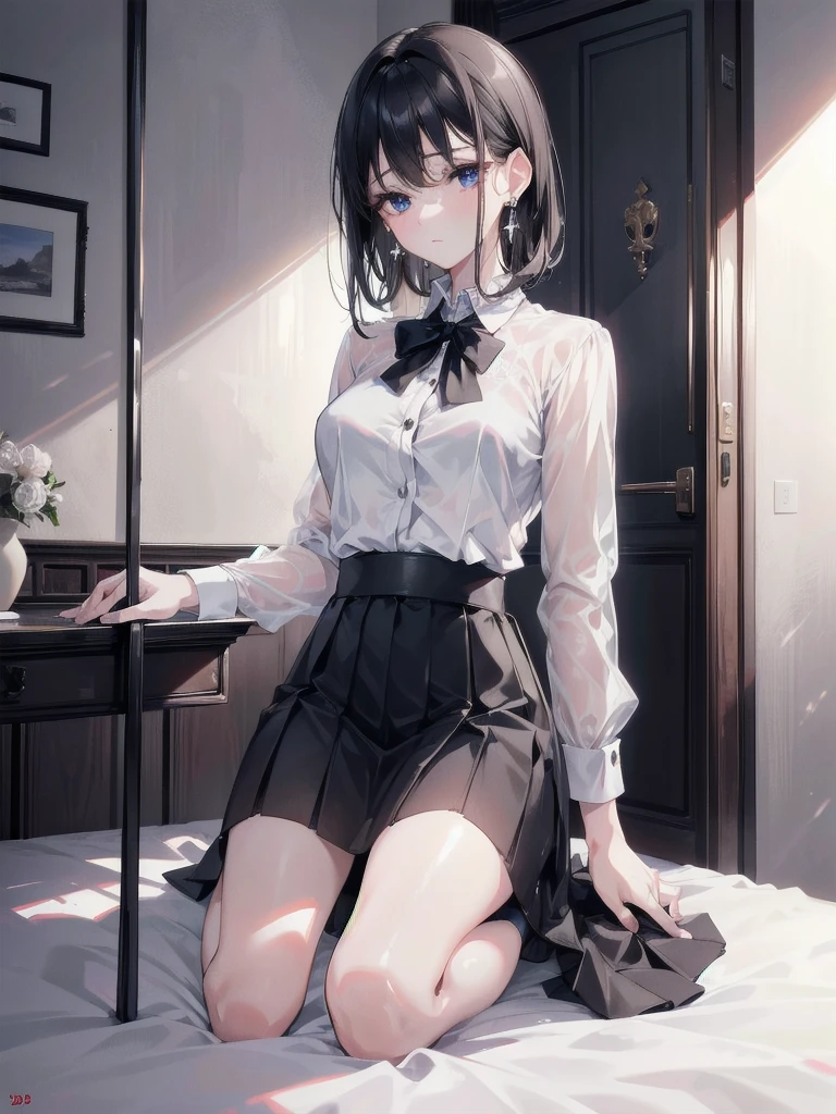 absurdres, RAW photo, extremely delicate and beautiful, masterpiece, Best Quality, ultra high resolution, 32k, hyperrealistic, ultra-detailed, in her 20s, delicate facial features, tearful mole, earring, medium breasts, full body shot, shorter middle hair, black hair, skirt, button up shirt,