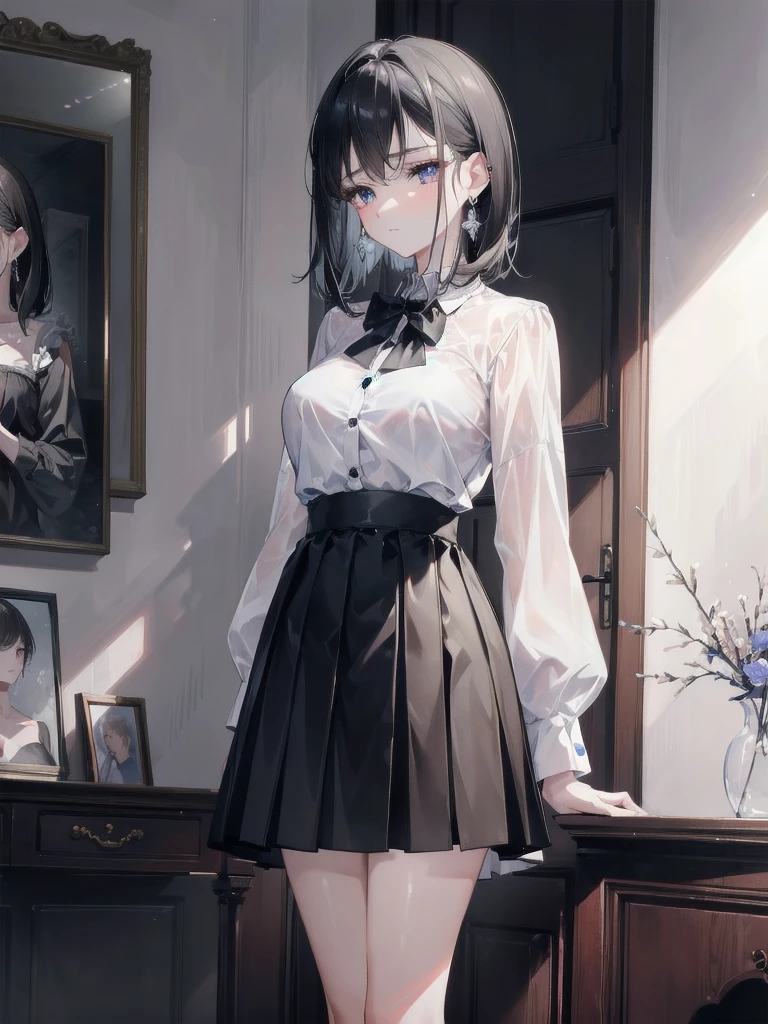absurdres, RAW photo, extremely delicate and beautiful, masterpiece, Best Quality, ultra high resolution, 32k, hyperrealistic, ultra-detailed, in her 20s, delicate facial features, tearful mole, earring, medium breasts, full body shot, shorter middle hair, black hair, skirt, button up shirt,