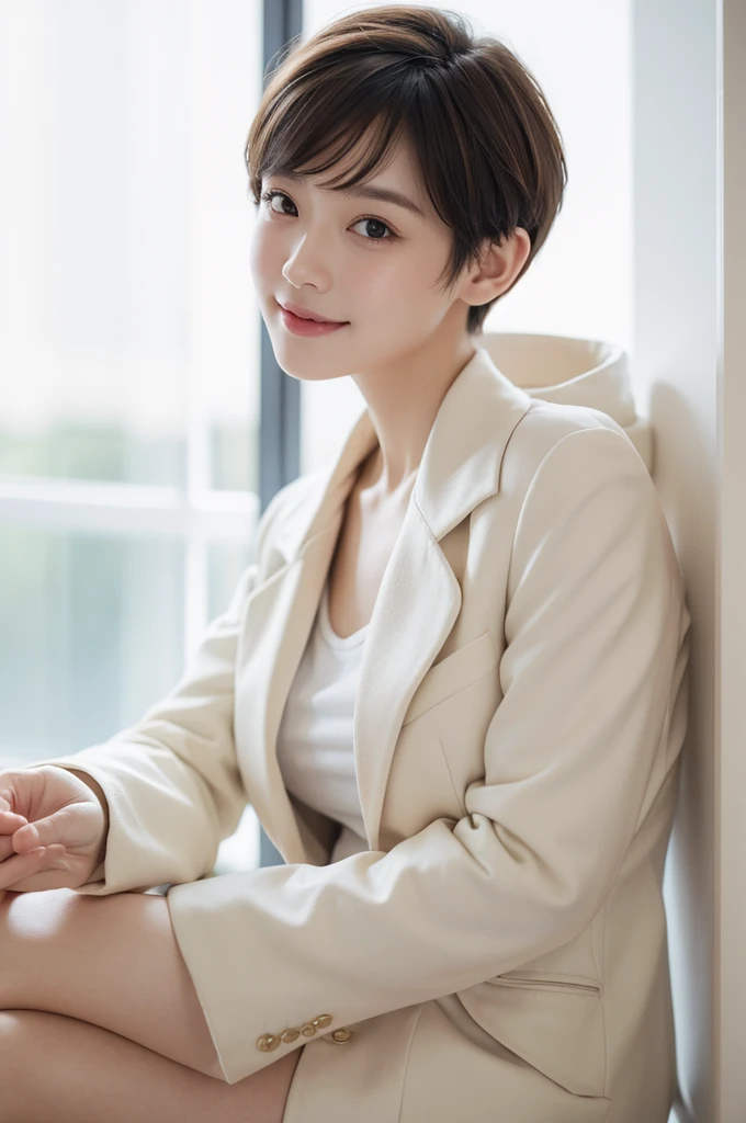 realistic light,natural light,white background,최고 quality、8 thousand、32,000、masterpiece、uhd:1.2) quality, primitive photorealism, laugh, Beautiful girl, cute, Short hair, depth of field, high resolution, ultra detail, Highly detailed eyes and face,small eyes,Short hair,short cut,short hair,Ivory Jacket